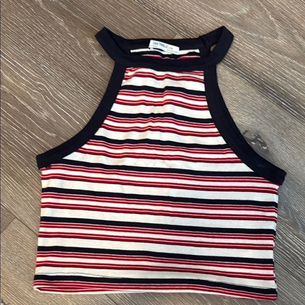 Zara White and Red Sleeveless Crop Tank Top with Striped Pattern